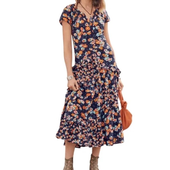 Sundance Pretty Petals Tiered Floral Ruffle Dress Navy Lined Romantic Size Small - Picture 1 of 14